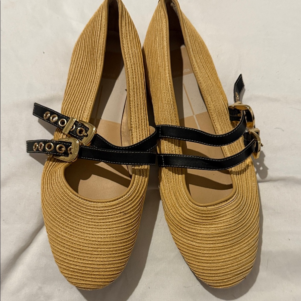 Dolce Vita Mustard Yellow Mary Jane Flats with Black Double Straps
